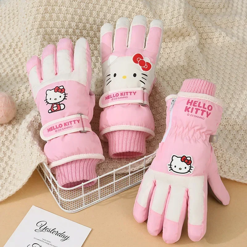 

Kawaii Sanrio Hello Kitty Ski Gloves High Quality Winter Warm Glove Cartoon Waterproof Thicken Keep Warm Finger Windproof Gloves