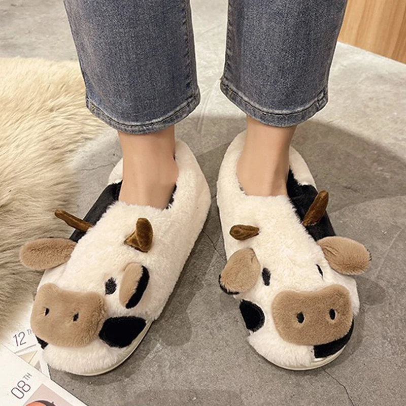 

Litfun Women Slipper Cartoon Plush Slippers Winter Cute Cow Warm Antiskid Cloud Slippers Indoor Lovers Furry Non-slip Home Shoes