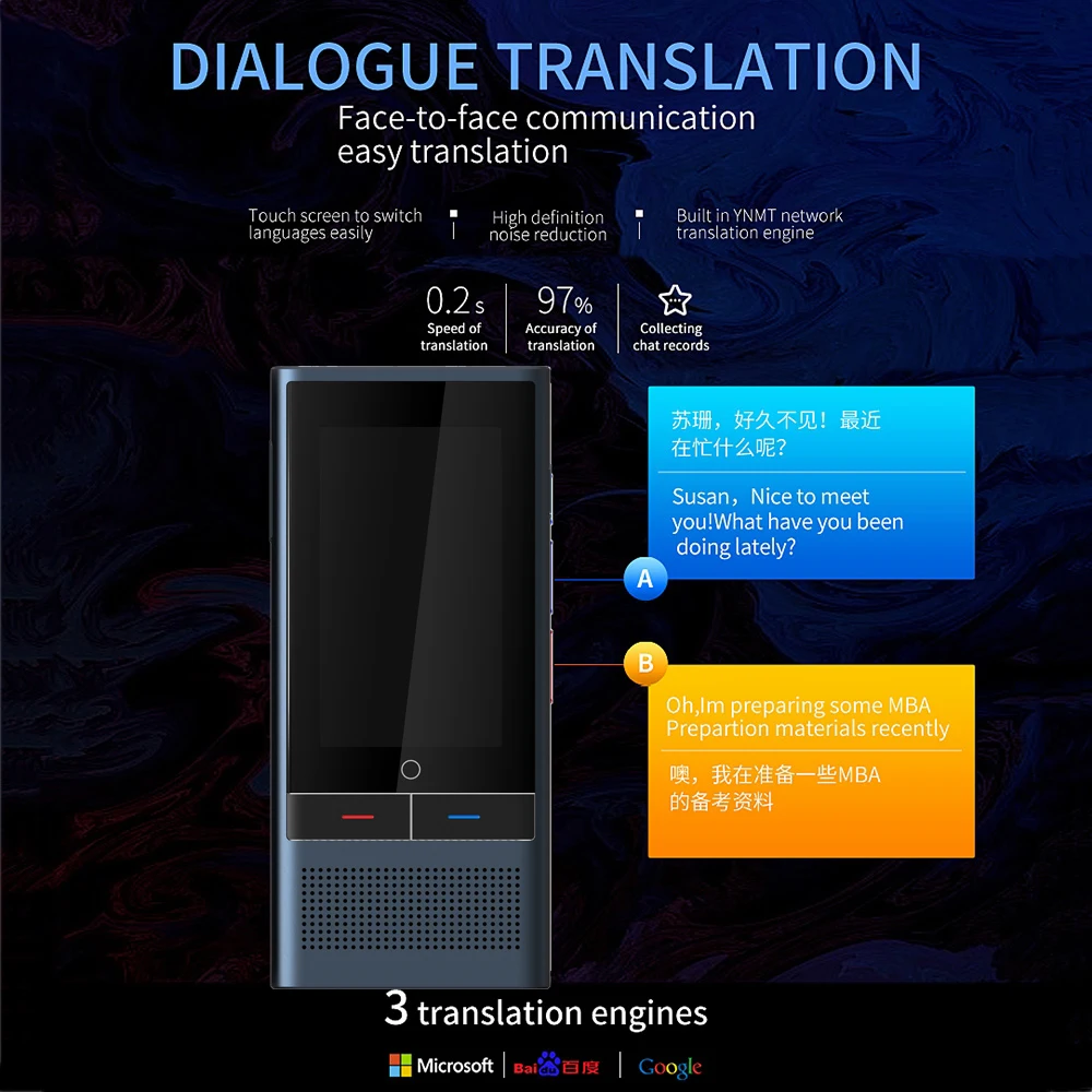 Voice Translator 117 Languages 3.1 IPS Touch Screen 4G SIM Card 8G Memory Recording 2080 mAh Battery