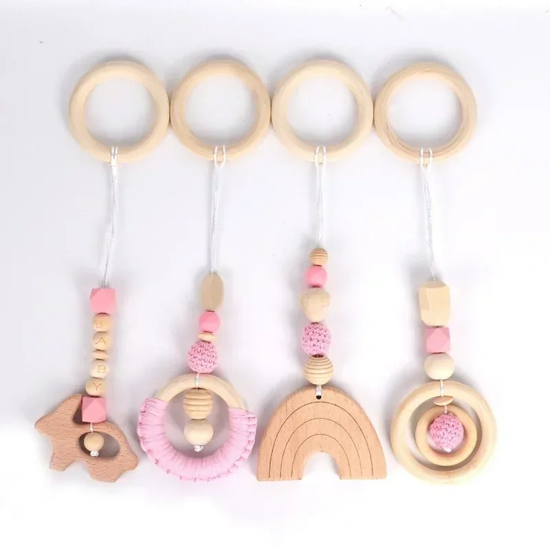 4PCS/Set Wood Teether Toddler Hanger Rattle Wood Ring Teething Toys For Newborn Baby Pram Toy Bebe Baby Play Gym Silicone Beads