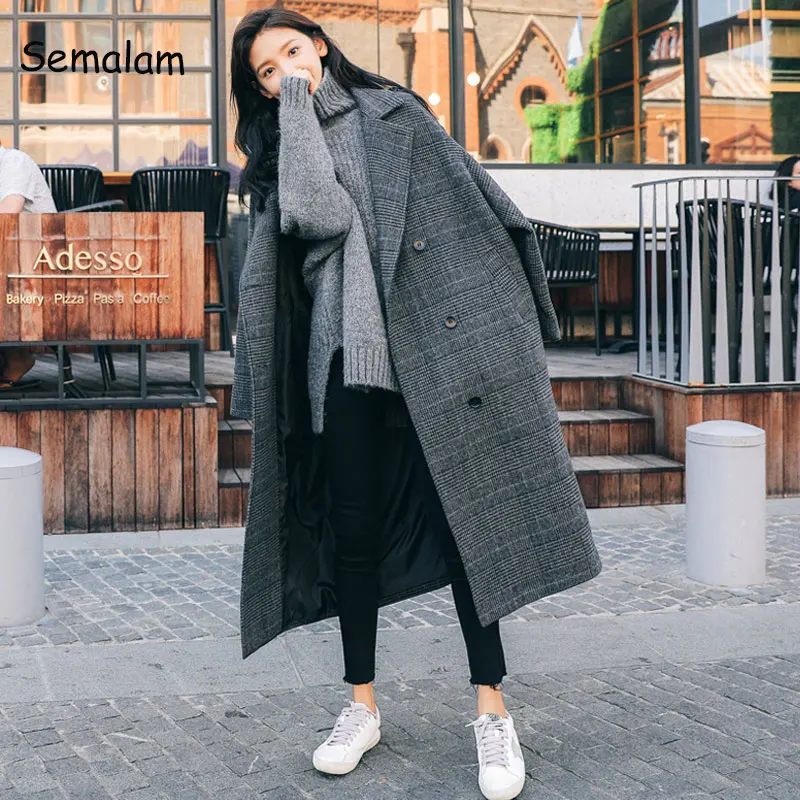 

Elegant Women Plaid Wool Coat Korea Retro Dark Gray Double Breasted Long Sleeve Chic Loose Outerwear Ladies Long Jacket Overcoat