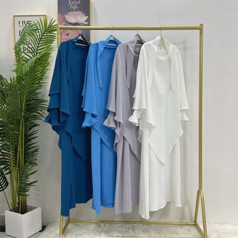 2 Pieces Set Prayer Garment With Hijab Abaya Modest Women Muslim Ramadan Eid Dress Islamic Robe Dubai  Turkey Kaftan Clothes Set