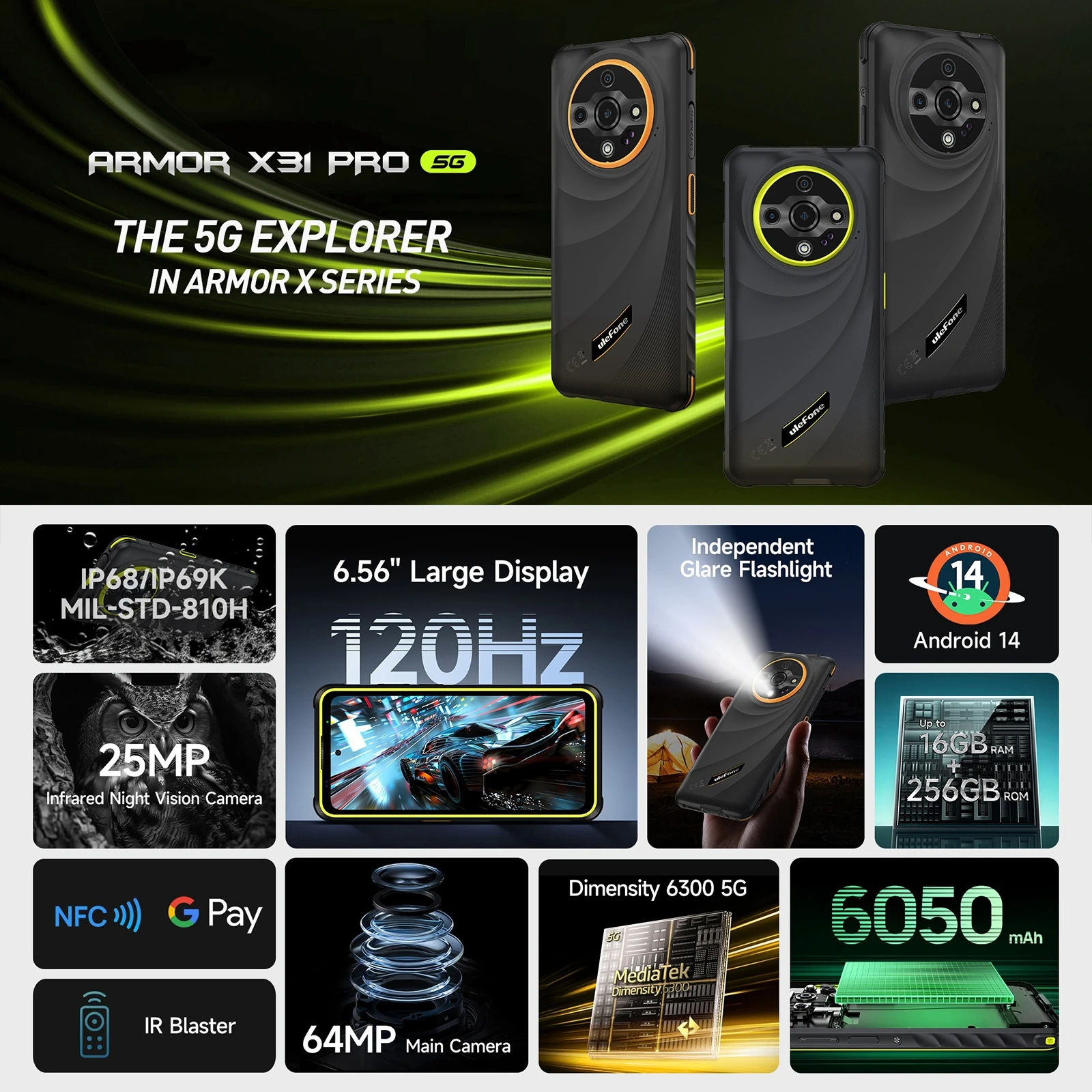Ulefone Armor X31 Pro 5G Rugged Phone 8GB+256GB 6.56'' Android 14 Night Camera 64MP 6050mAh Dimensity 6300 NFC Smartphone