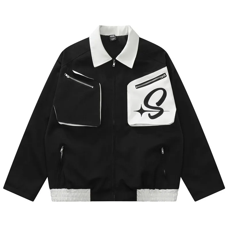 

High Street Color Matching Lapel Men's Jacket Multi Pocket Zipper Letter Printing Motorcycle Baseball Uniform Couple Loose Coat
