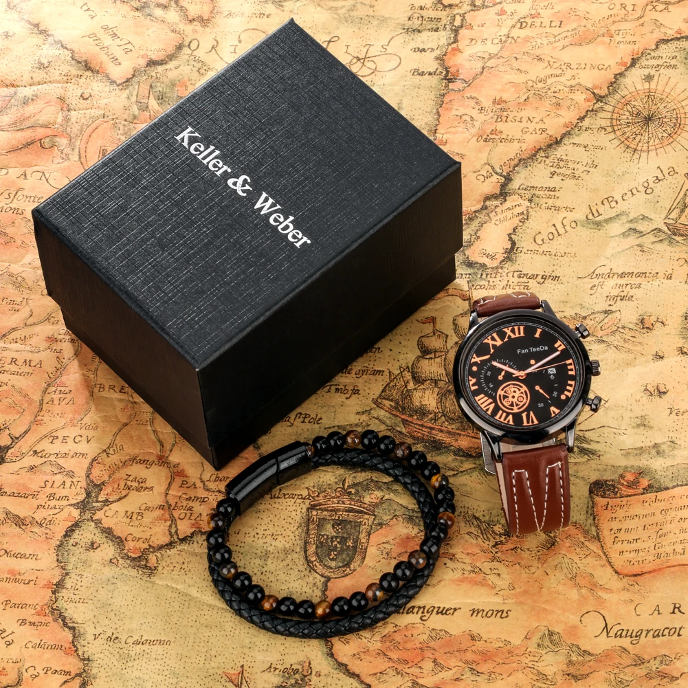 Luxury Watch Men Set Gift Brown Steampunk Quartz Watches with Calendar for Men Exquisite Bracelet Gifts Box reloj para hombres