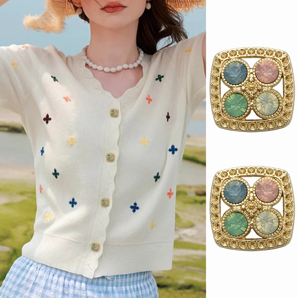 10 قطعة 20 مللي متر حجر الراين مربع أزرار معدنية مجوفة ، الذهب أزرار خياطة لامعة للأزرار/الفساتين ، أزرار تزيين الملابس