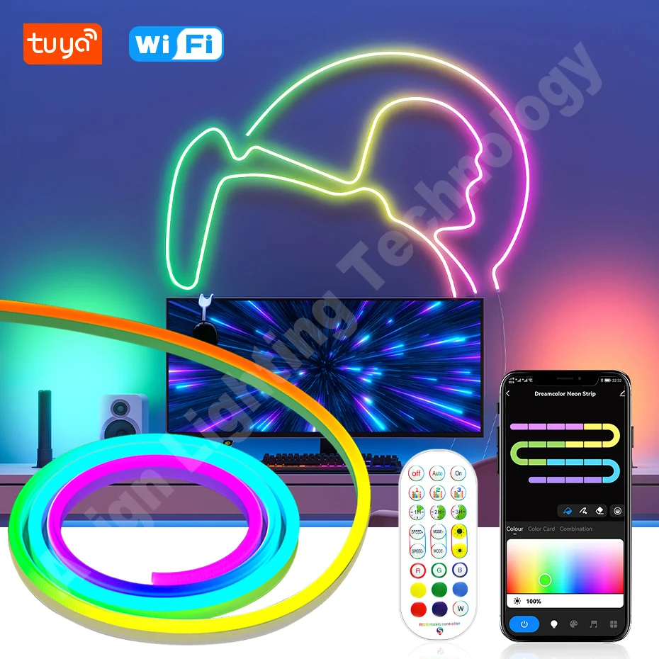 WiFi Tuya Smart RGBIC LED Neon Strip Light DC12V Waterproof IP67 Flexible Neon 96LEDs/m Led Tape Dream Color RGB Chasing Effect