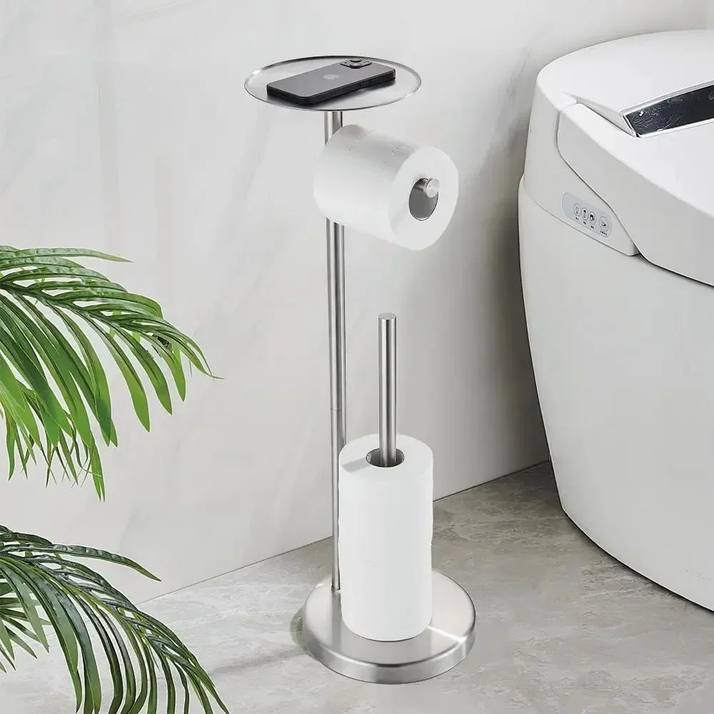Floor Standing Toilet Paper Holder With Shelf Storage Stainless Steel Black Roll Paper Dispenser Bathroom Organization