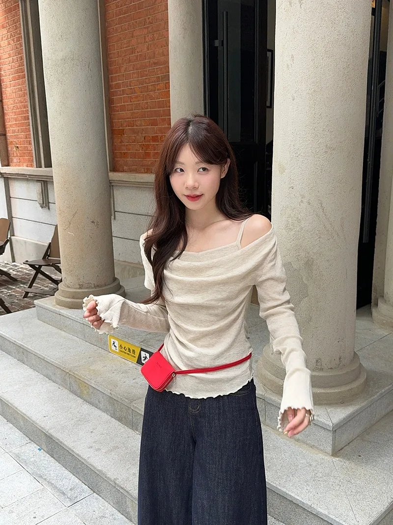 Fake Two-piece Off Shoulder Long Sleeve T-shirt Women's Sexy Slash Neck Flare Sleeve Base Shirt Top Autumn Casual Slim Fit Tops