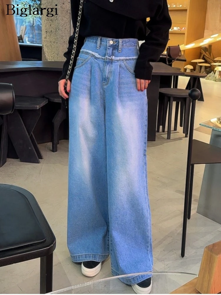 

Джинсы с высокой талией, Весенние длинные широкие брюки, женские модные лоскутные брюки в Корейском стиле, Свободные плиссированные женские брюки, повседневные женские брюки