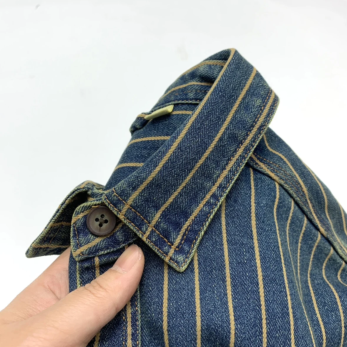Men's Striped Shirt Cargo Denim Jacket Autumn Vintage Khaki Coat