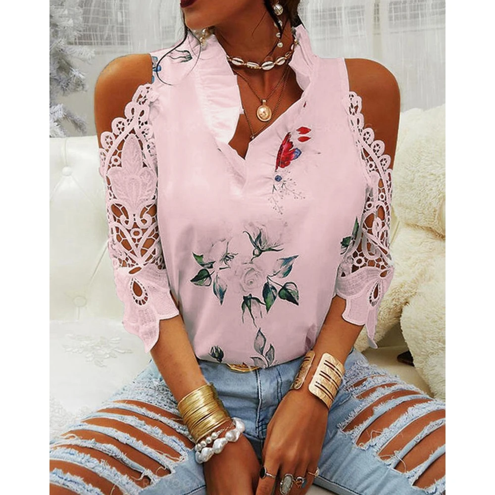 2024 Summer Trendy Femme Lace Sleeve Floral Print y2k Top Blouse Women Casual Ruffle Neck Cold Shoulder Shirts Korean Blouse