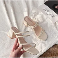 Femmes sandales dames talons carrés élégant été pantoufles à l'extérieur croisé en cuir femme diapositives mode femme sandales 1