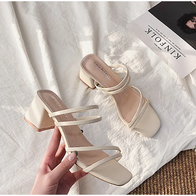 Femmes sandales dames talons carrés élégant été pantoufles à l'extérieur croisé en cuir femme diapositives mode femme sandales 1