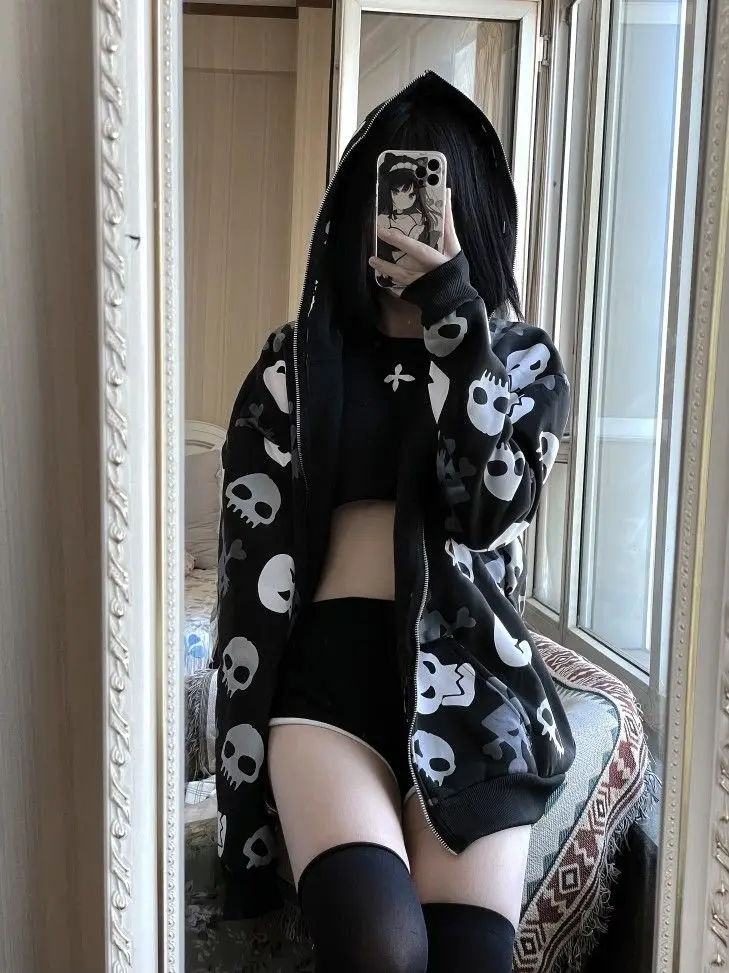 Kapuzenpullover mit Totenkopf-Print für Damen mit Reißverschluss - True Deals Club