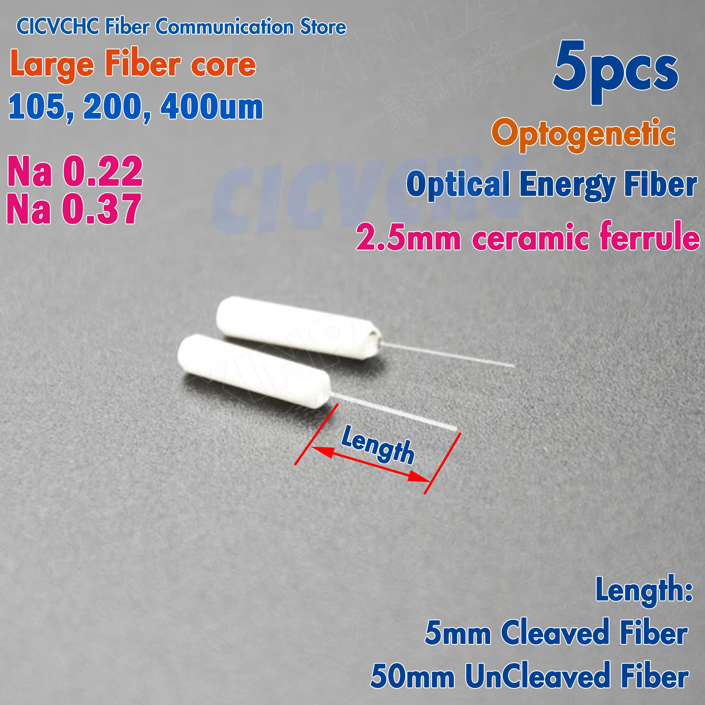 5pcs Ontogenetic Optical Fiber Cannula 1.25mm, 2.5mm with 105um, 200um, 300um, 400um fiber