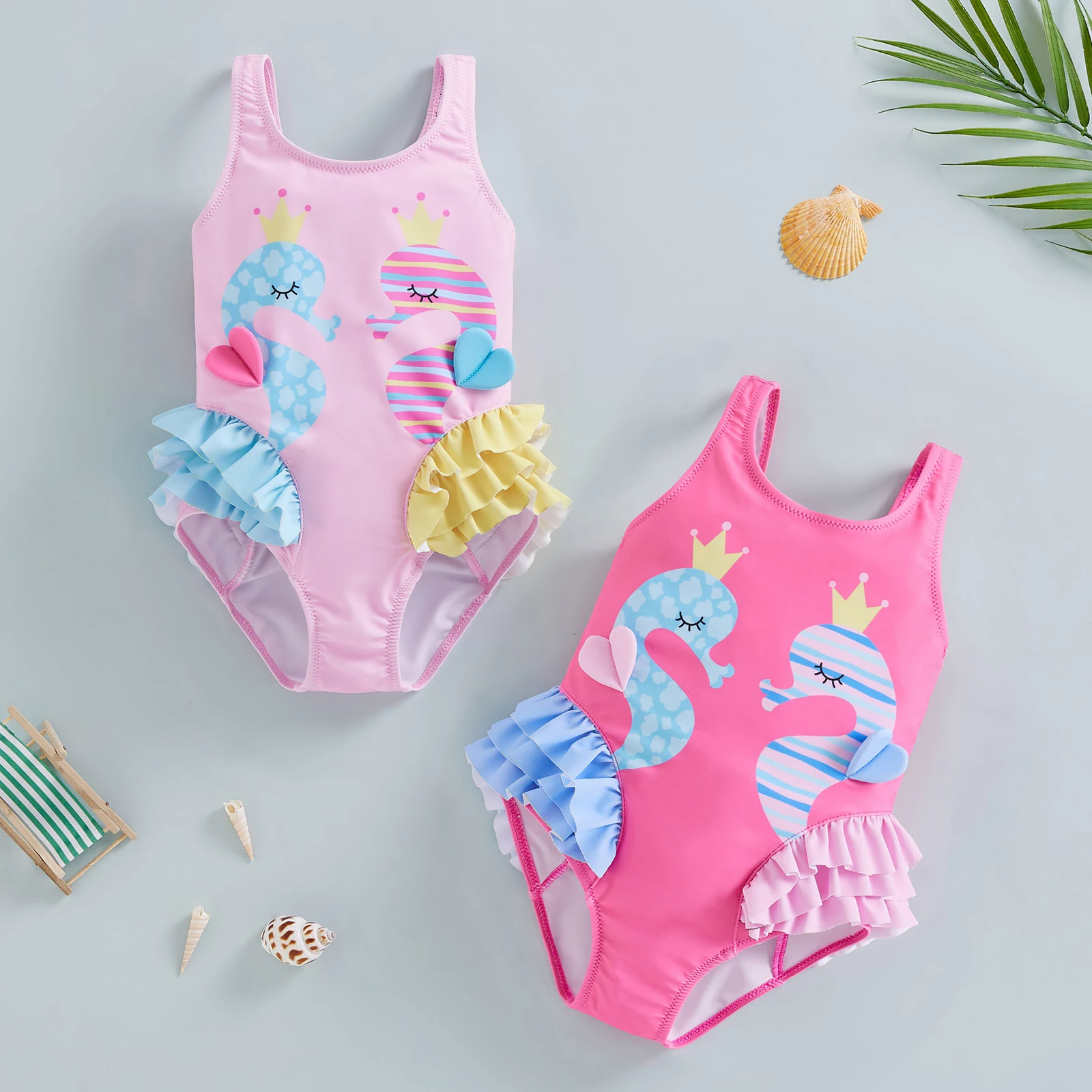 Kids Infant Baby Girl Swimsuits Cartoon Seahorse Print Sleeveless Backless Ruffles Swimwear Beachwear Bathing Suits 18M-6T 1