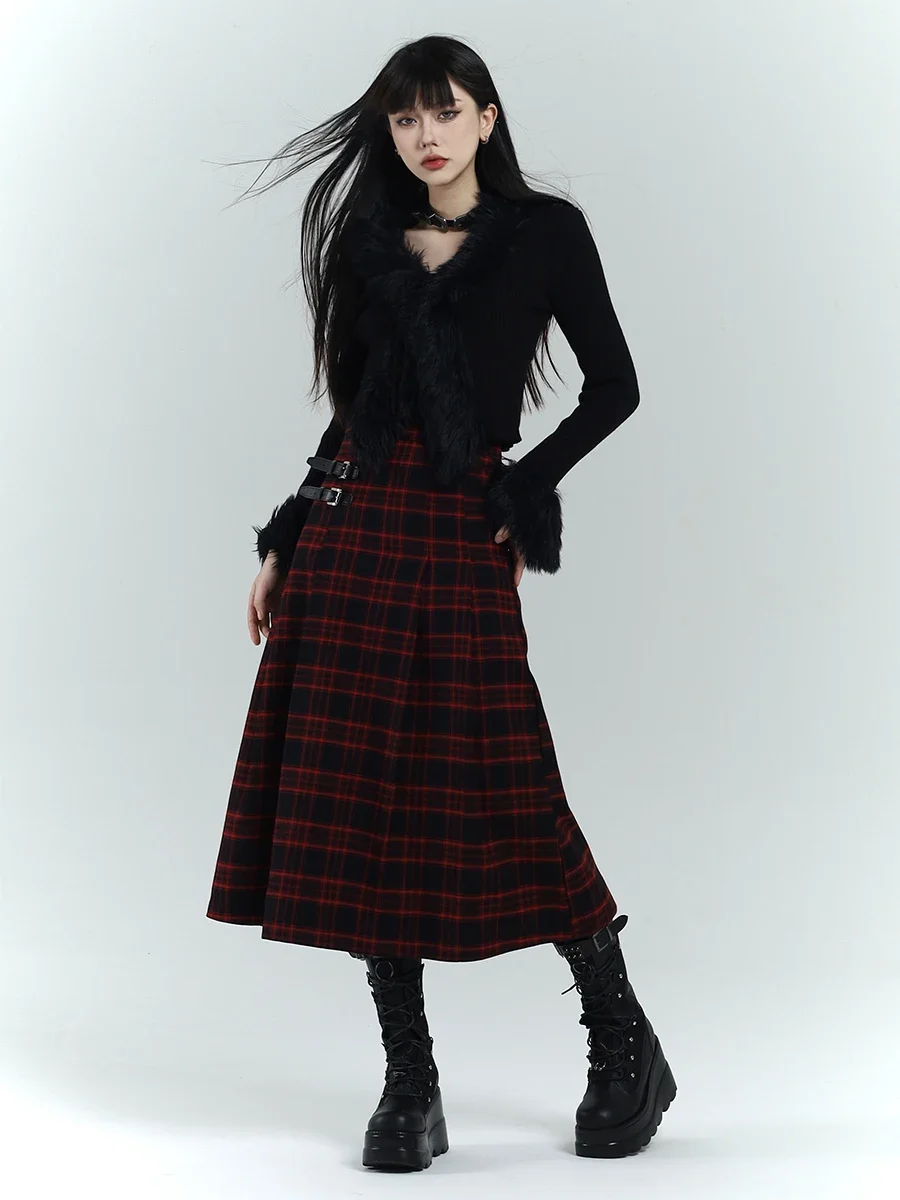 Gothic Original New Arrival High-quality Red Plaid Long Buckle