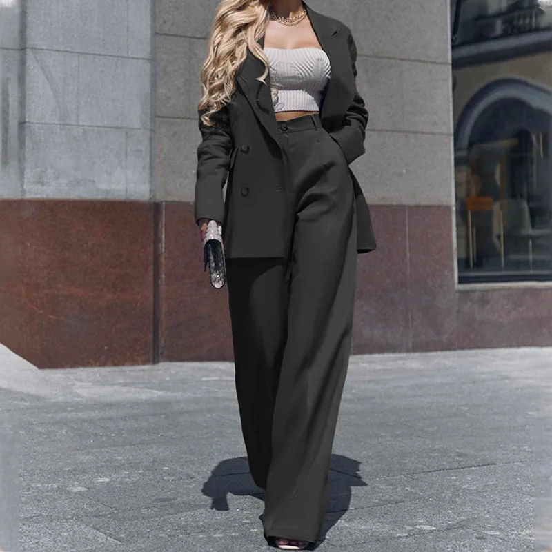 Tesco Long Sleeve Women's Blazer Suit 2 Piece Solid Loose Jacket+Straight Wide Leg Pants Casual Pantsuit For Prom Party Wear