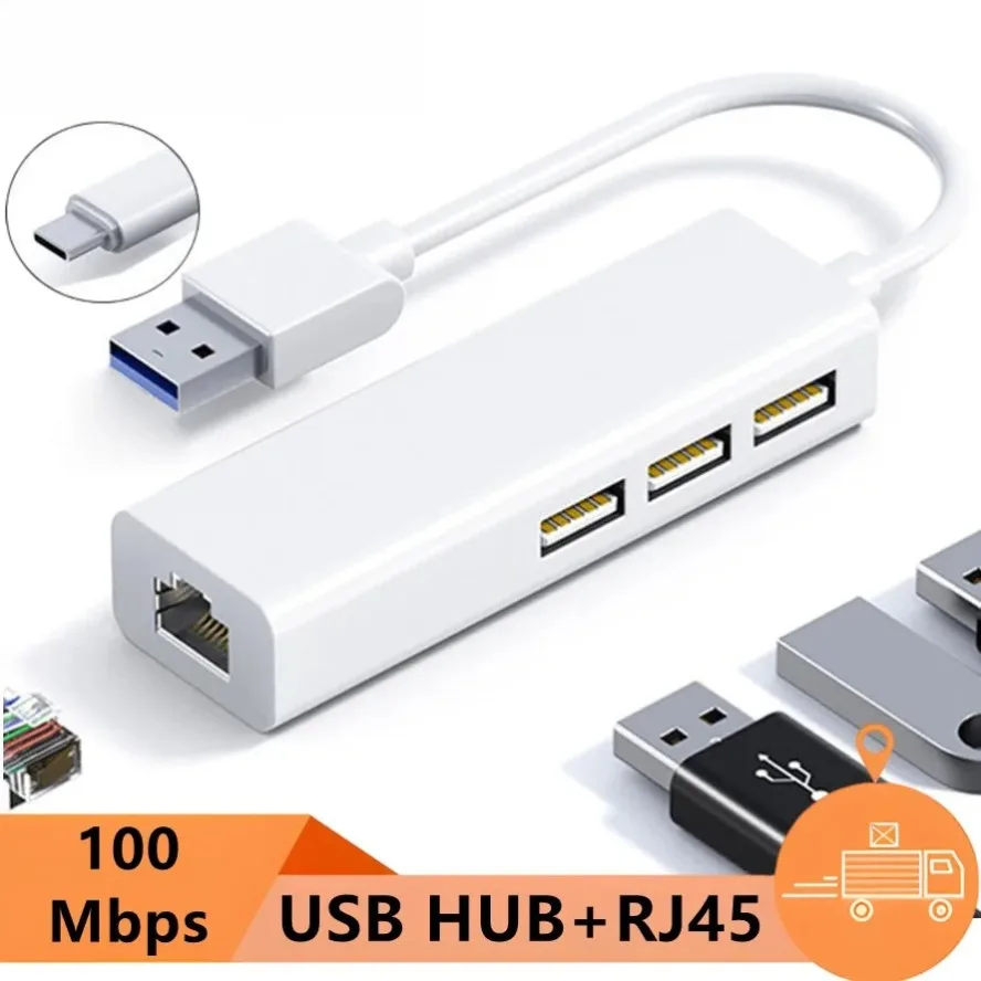 3-Port USB-C Hub with Ethernet Adapter and RJ45 Port