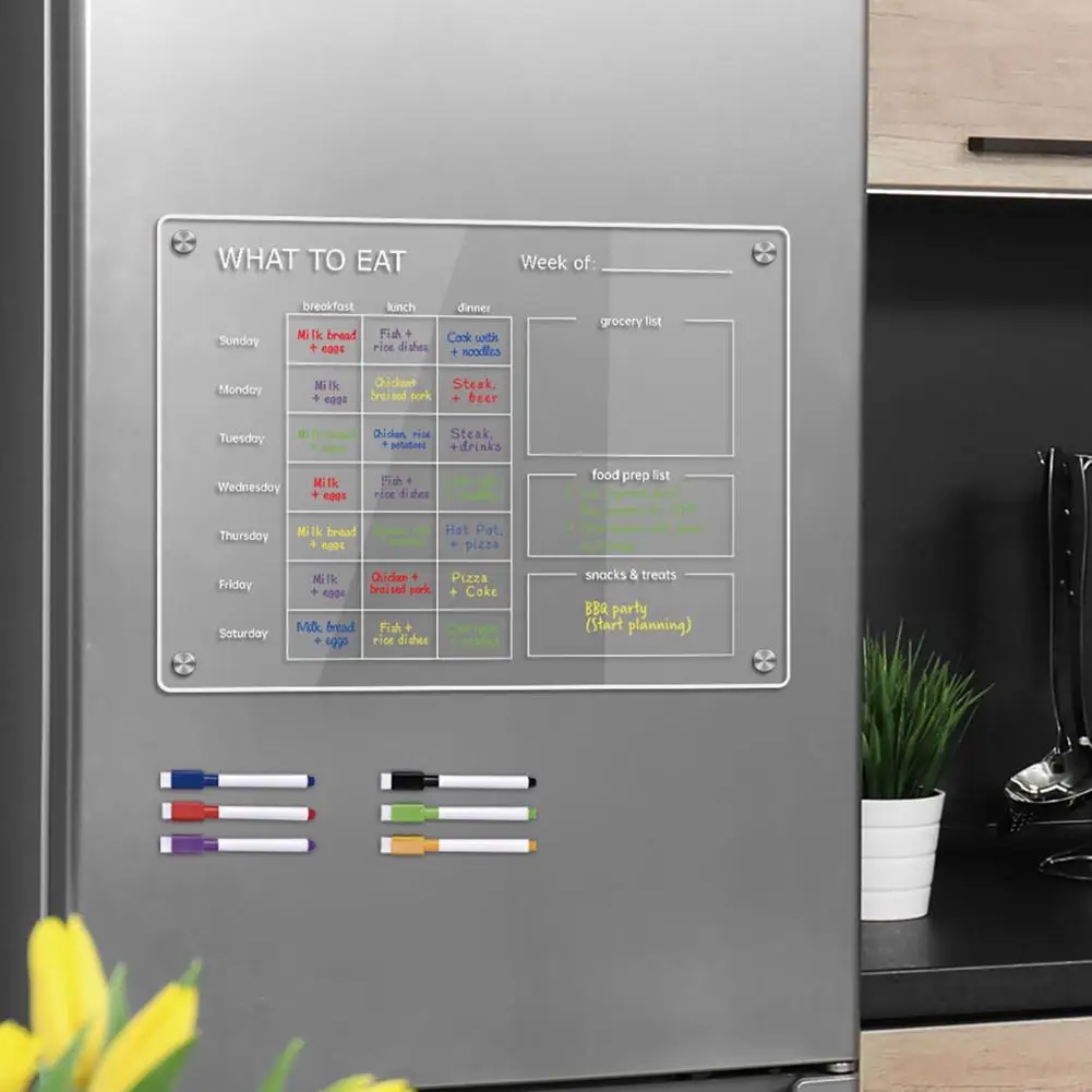 Acrylic Fridge Calendar Colorful Magnetic Bulletin Board with Highlight Markers Weekly Planning Board for Home Office