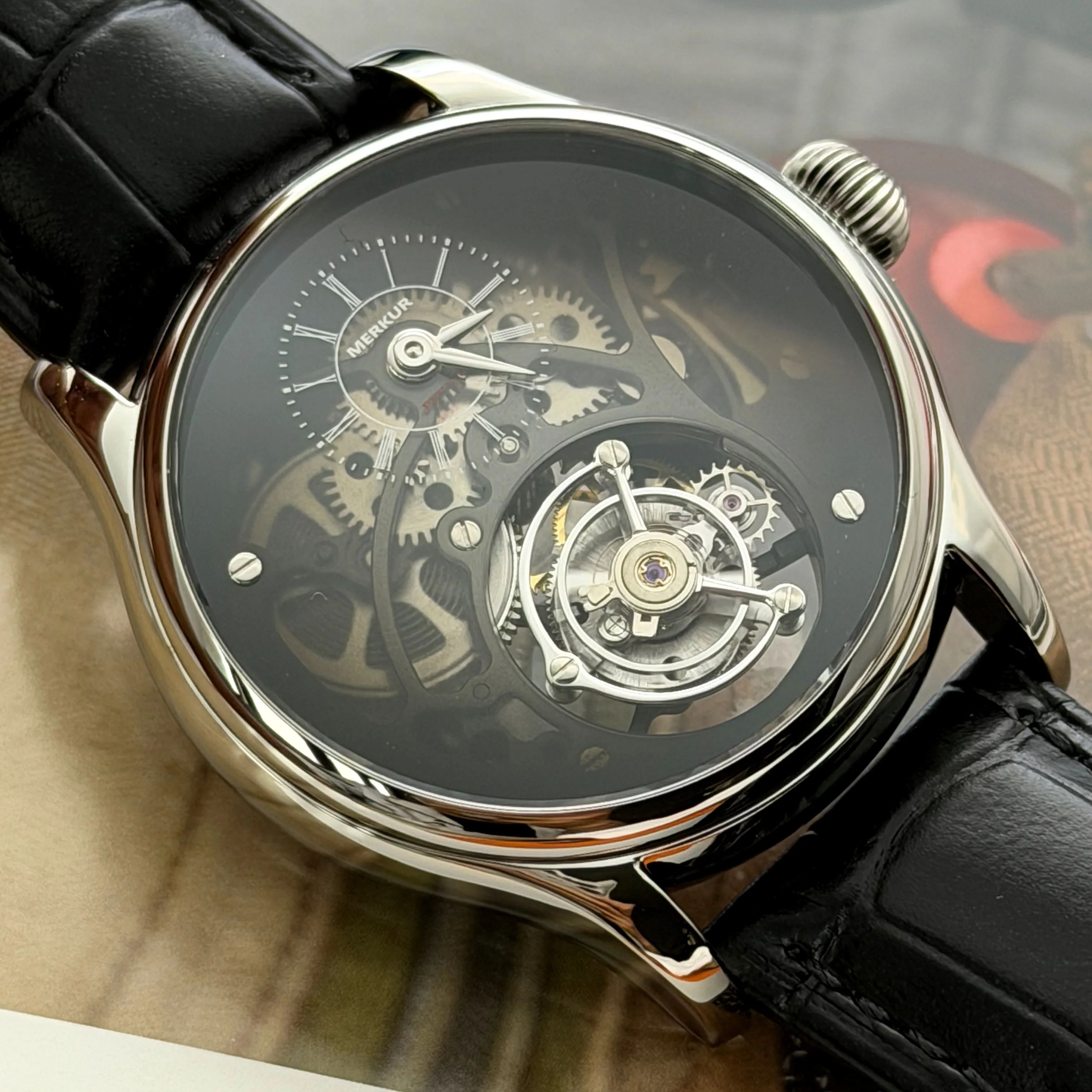 Merkur Tourbillon Watch Transparency Skeleton Sapphire Mechanical Wristwatch 42