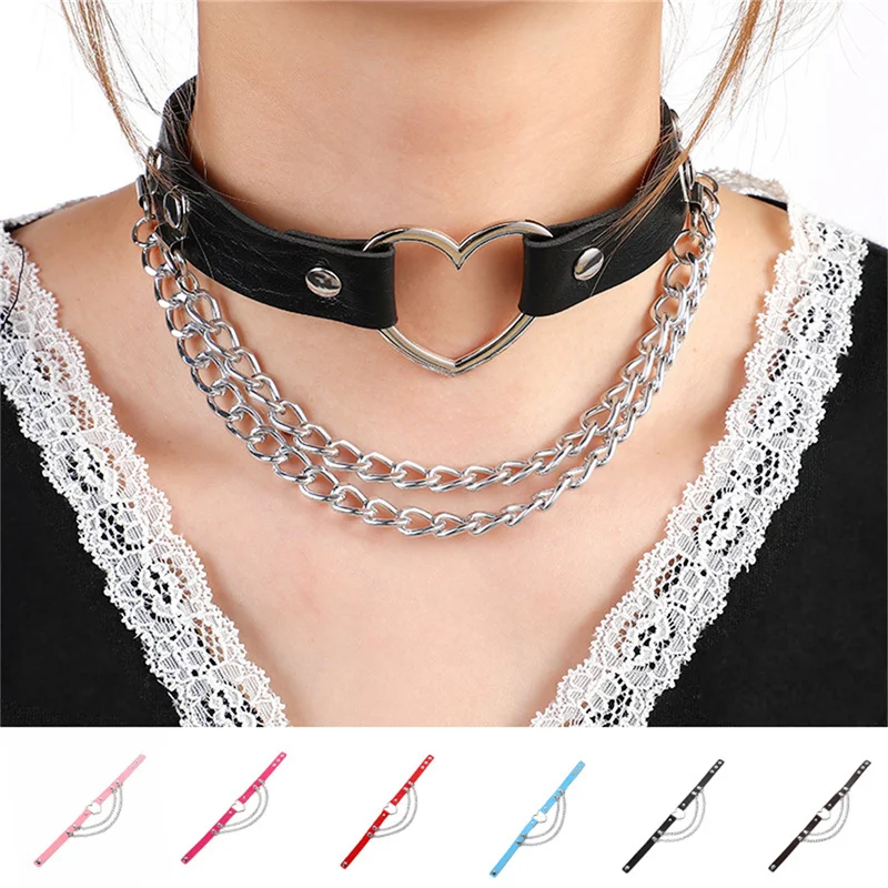 Punk Chain Choker Necklace For Women Girls Black Leather Heart Chockers  Collar Goth Jewelry Gothic Fashion Accessories Gift