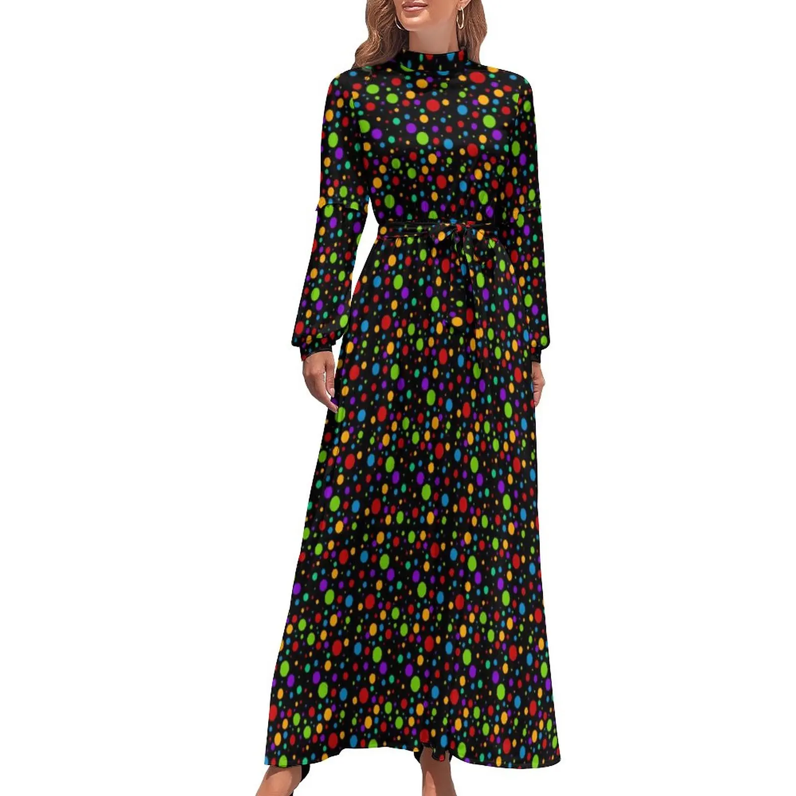 

Polka Dot Rainbow Dress Long Sleeve Retro Print Sexy Maxi Dress High Neck Streetwear Design Bohemia Long Dresses Gift Idea