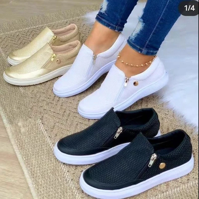 

Ladies' Flat Sneakers Leather Women's Sports Casual Shoes Zipper Metal Decoration Fretwork Students Daily-wear Daily Plus Size