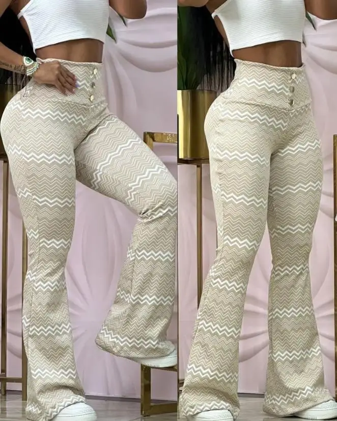 Y2k Clothes Versatil 2023 Women's Pants Summer Fashion Chevron Print High Waist Bootcut Flared Basic Street wear Trousers Pants