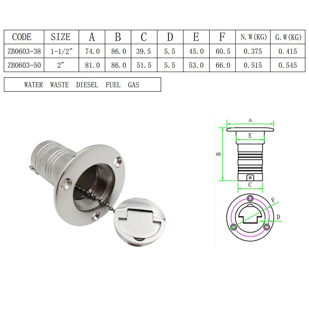 Stainless Steel 316 Deck Filler Cap - Mirror Polish Marine and RV Hardware for Gas, Diesel, Fuel, and Waste Water