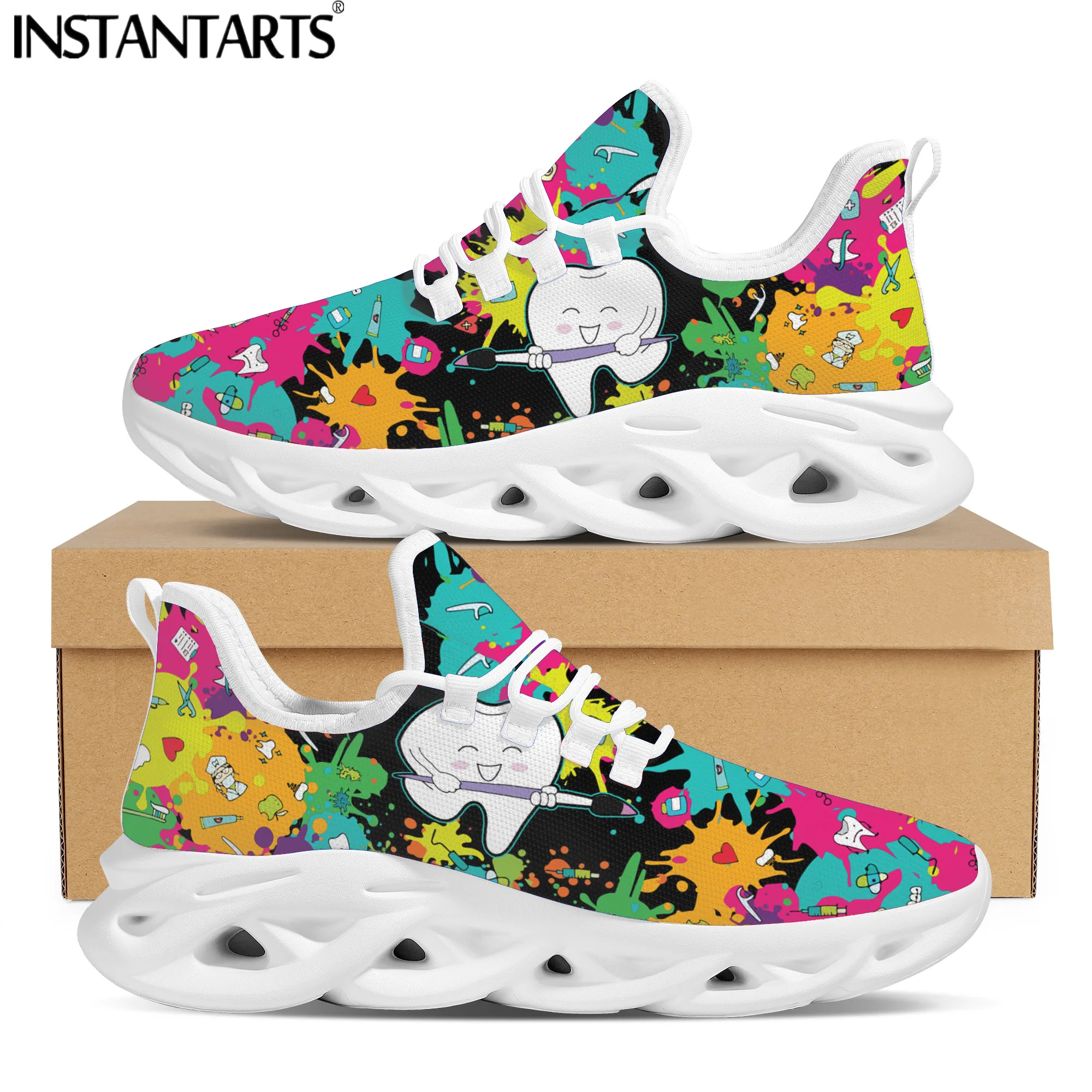 

INSTANTARTS Splash Ink Design Shoes for Women Sport Wear-resistant Sneakers Cartoon Dentisit Tooth Ladies Air Mesh Flat Footwear