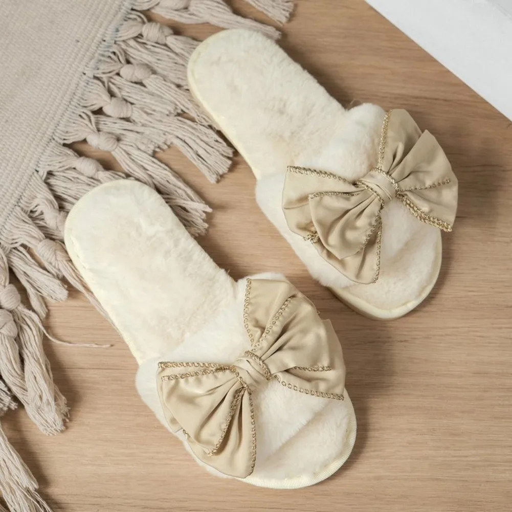 Cotton Slippers for Women in Winter, Cute Bow, Indoor Home Warmth Thick Bottom Anti Slip Open Mouth Slippers