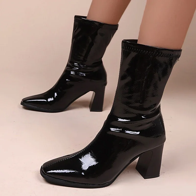 

Fashion Black High Heels Ankle Boots for Women Pleated Patent Leather Short Boots Woman 2023 Autumn Slip-On Thick Heeled Booties