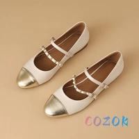Fashion Patent Leather Stitching Metal Chain Double Front Strap Ballet Flats Round Toe Women Soft Soled Dress Shoes Summer 1