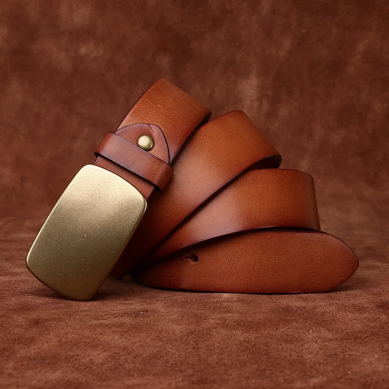 Men's Real Genuine Leather Belt Luxury Designer Brass Pin Buckle Belts Pure Cowskin Vintage Strap Male Jeans for Man
