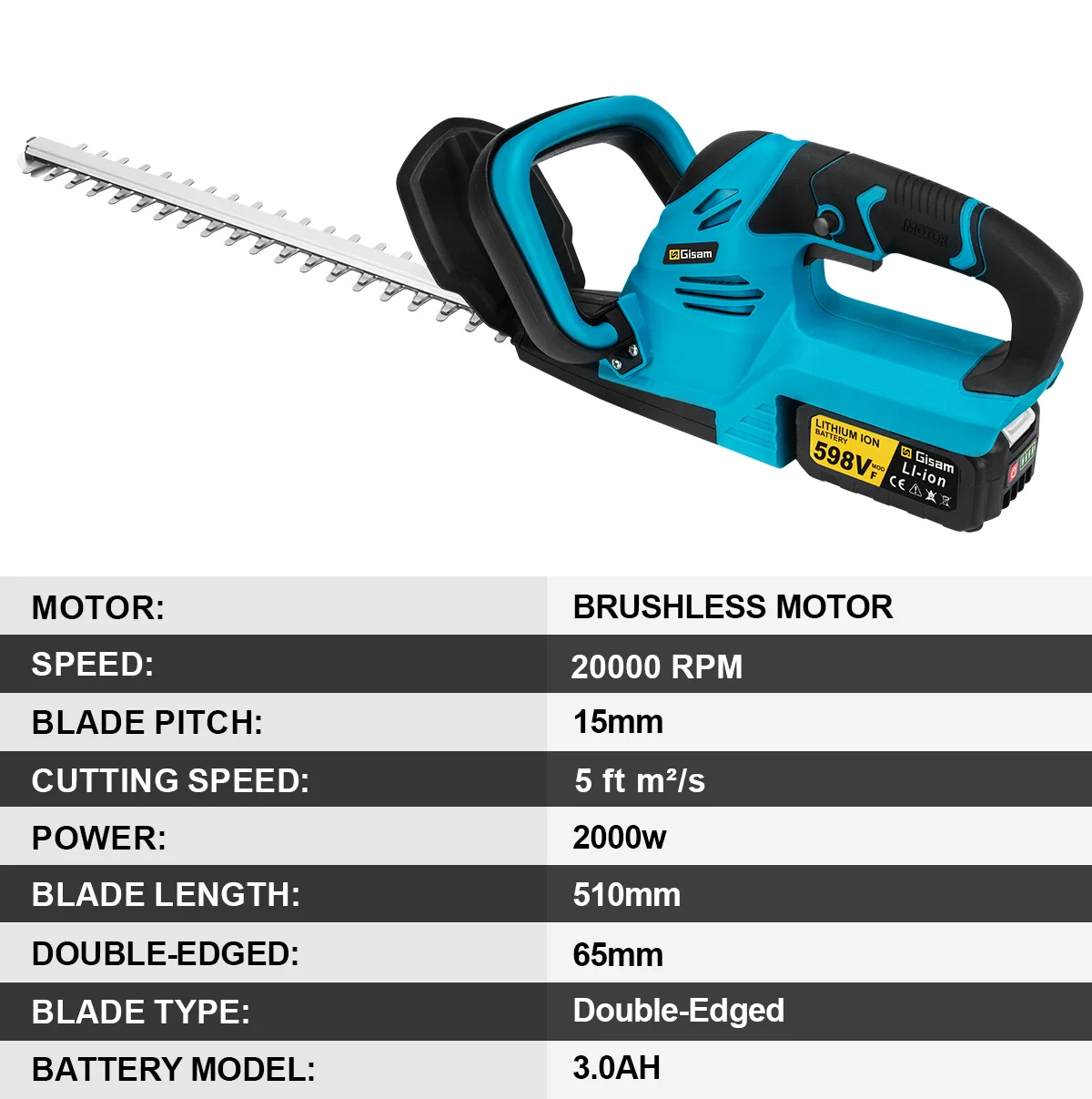 Gisam 20000RPM Brushless Electric Hedge Trimmer Lawn Mower Garden Landscaping Hedge Pruner Trimmer For Makita 18V Battery Pin - Image 3