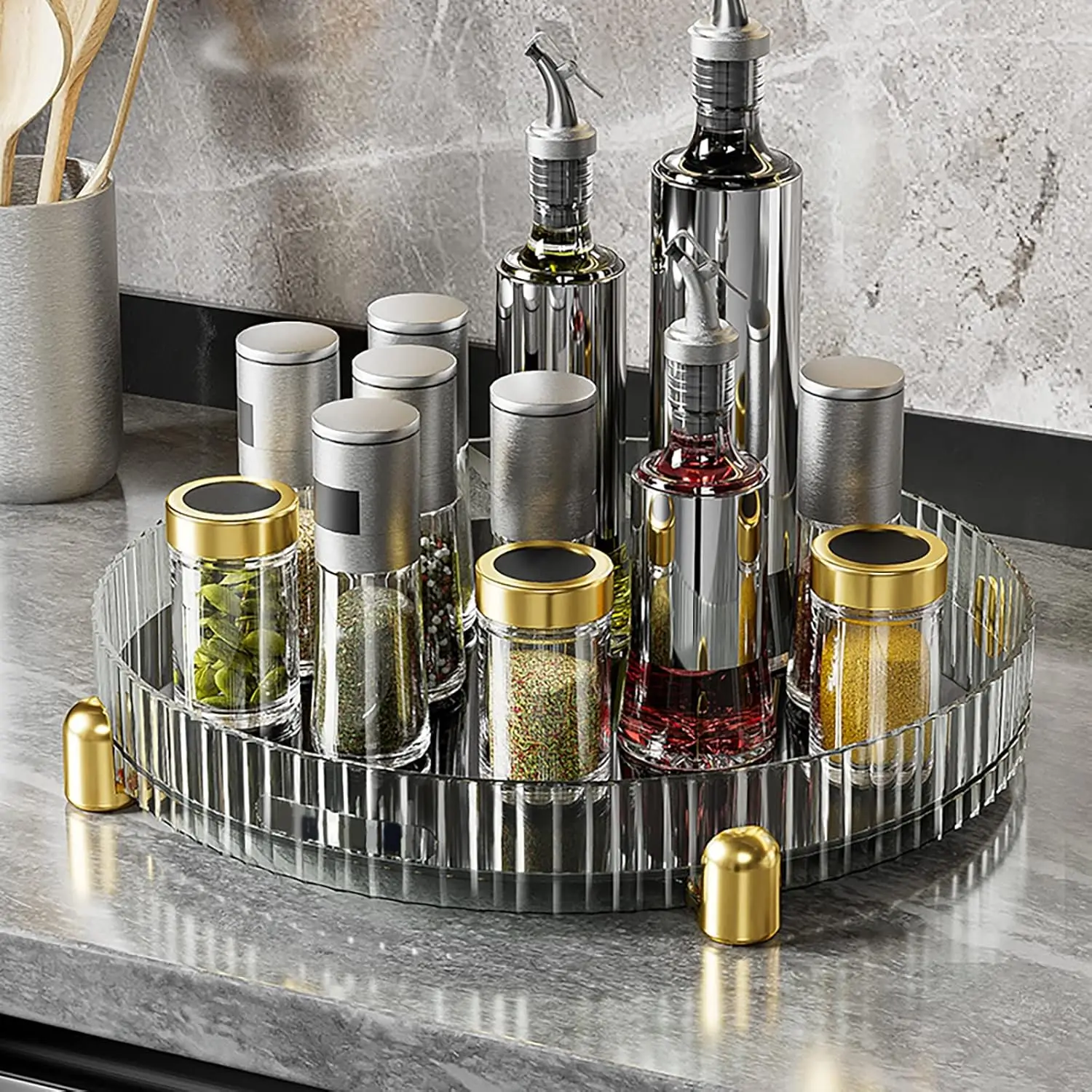 360 Degree 11inch Turntable Spice Rack Organizer, Clear Round Rotating Condiment Holder Storage Tray For Cabinets Pantry