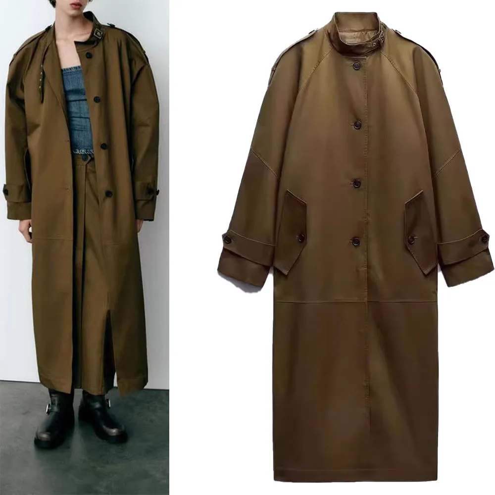

New autumn and winter women's clothing Maillard style stand collar workwear windbreaker long parka coat for women