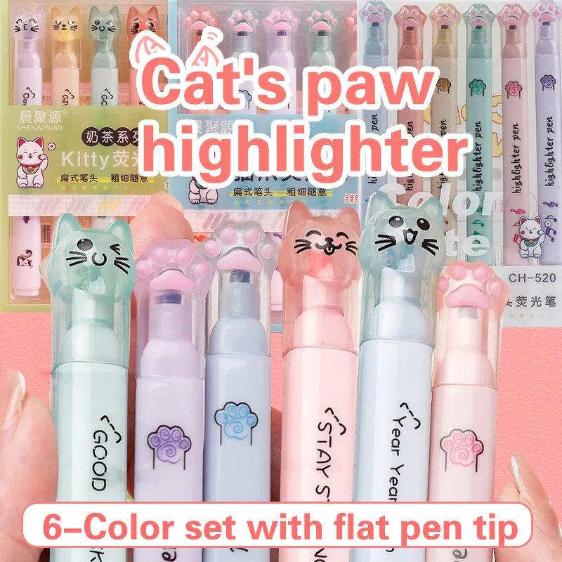 6 pcs/pack Kawaii Cat Claw Pastel Color Highlighter Marker Highlighter Pen Art Marker Marker Pen Drawing Gift Stationery