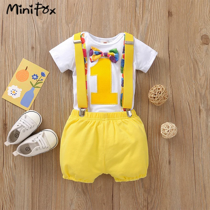 MiniFox Baby Boys Birthday Outfit For One Years Number"1“ Bodysuit and Y-back Suspender Shorts 1 Year Birthday Cake Smash Sets 4