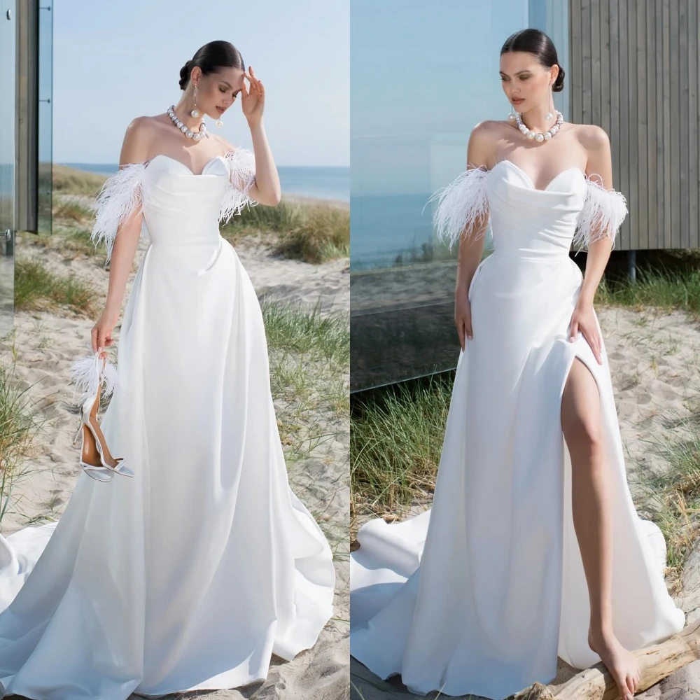 

Yipeisha Exquisite High Quality Off-the-shoulder Ball gown Feathers Draped Floor length Charmeuse Evening Dresses