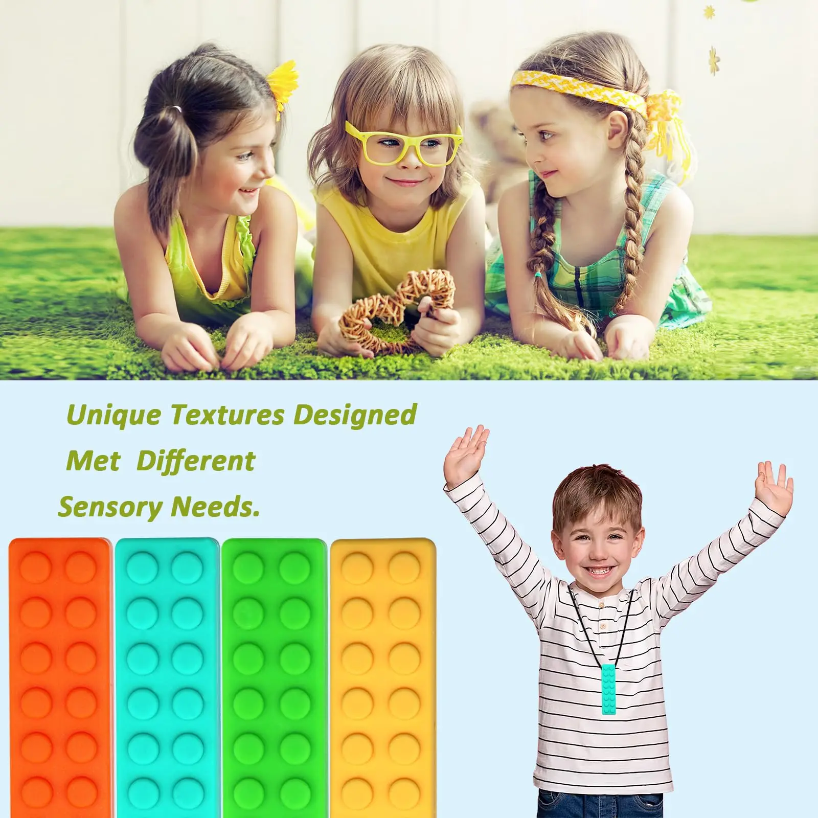 Sensory Chew Necklaces, 2pcs Colorful Chew Necklaces for Sensory Kids, Perfectly Textured Silicone Chew Toys