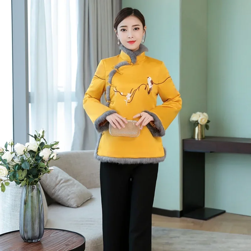 

Китайская Новогодняя одежда для женщин, зимний флисовый теплый плотный желтый китайский Чонсам с длинным рукавом, топы для женщин FF2476