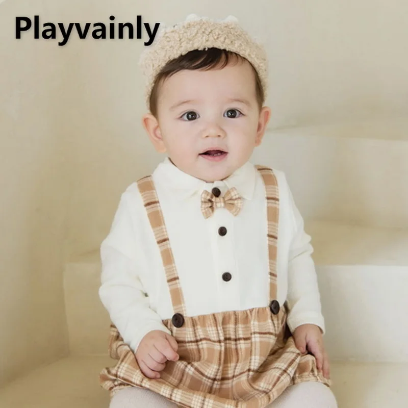 British Style Autumn Baby Boy Girl Bodysuit Plaid Gentleman Style Long