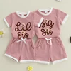 Suefunskry Sisters Matching Outfits Kids Girls Summer Set, Short Sleeve Crew Neck Letters Flower T-shirt with Shorts Outfit 1