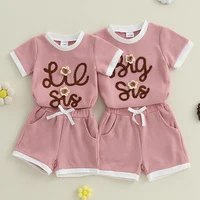Suefunskry Sisters Matching Outfits Kids Girls Summer Set, Short Sleeve Crew Neck Letters Flower T-shirt with Shorts Outfit 1