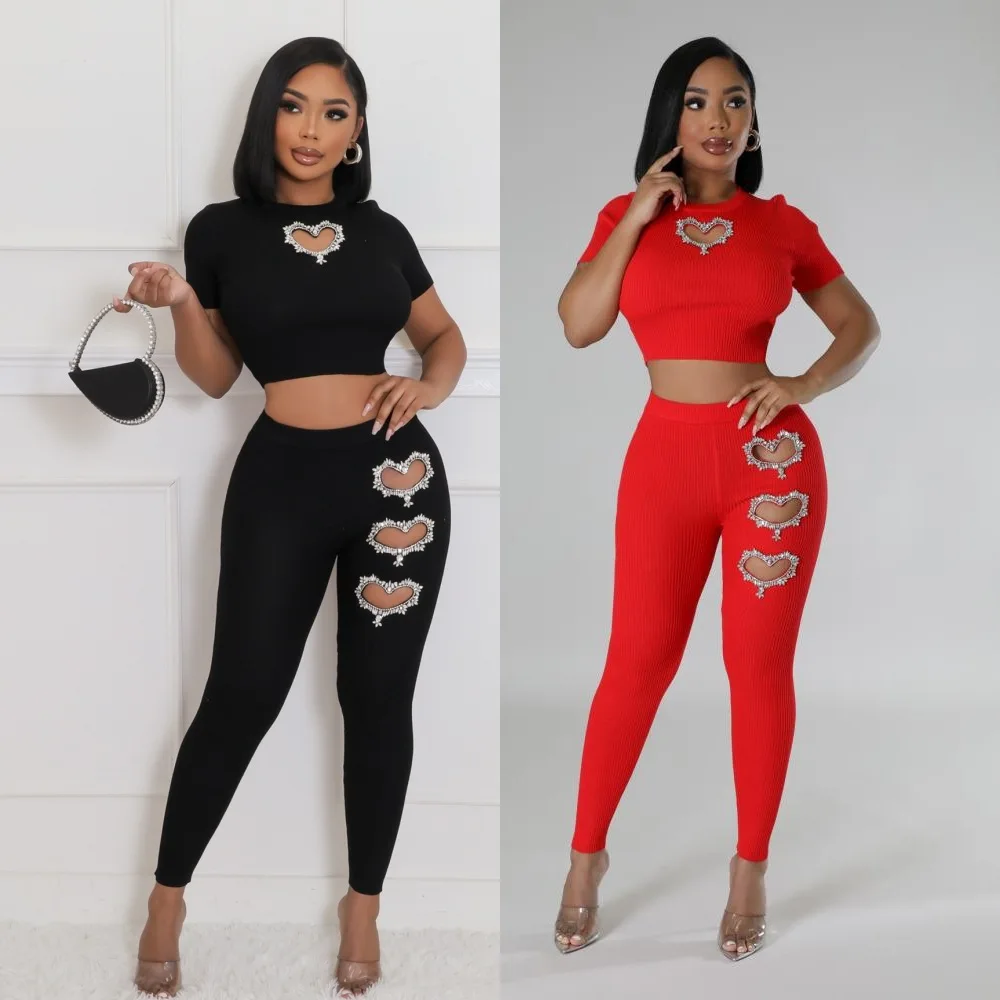 Fashion Women Rhinestone Outfits Hollow Out Crop Tops Slim Fit Summer Streetwear Sexy 2 Two Piece Pants Set 2024