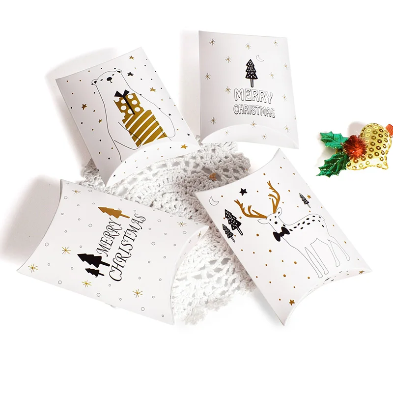 

50Pcs Pillow Shaped Paper Box Merry Christmas Candy Cookie Container Gift Boxes Packaging Bags New Year Navidad Party Decoration