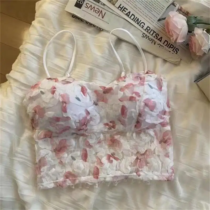 Summer Sweet Floral Corset Vest Office Lady Beach Style Sleeveless Delicate Floral Halter Top With Open Back And Midriff-Short